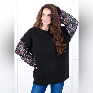 White Birch Black Sweater with Multicolor Sleeves